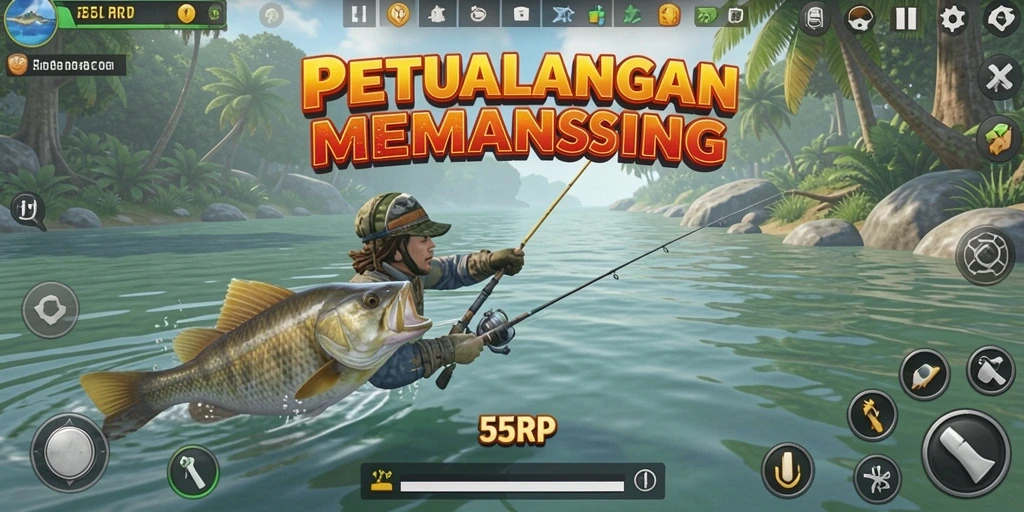 Screenshot game 55RP menunjukkan aksi seru memancing di lautan.