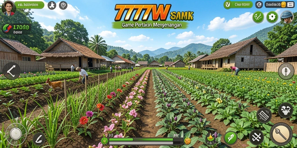 Tampilan menarik dari gameplay 7777W yang menggambarkan aktivitas pertanian.
