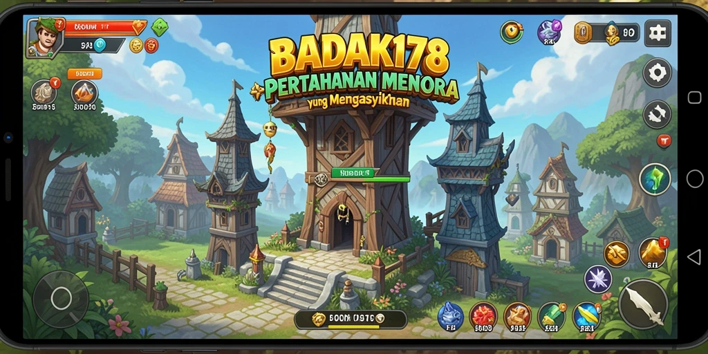 Screenshot utama BADAK178 yang menunjukkan aksi seru pertahanan menara.