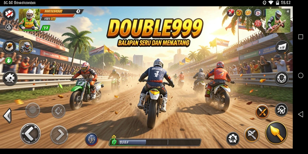 Skrinsut gameplay DOUBLE999 menunjukkan aksi balapan yang intens dan menegangkan.