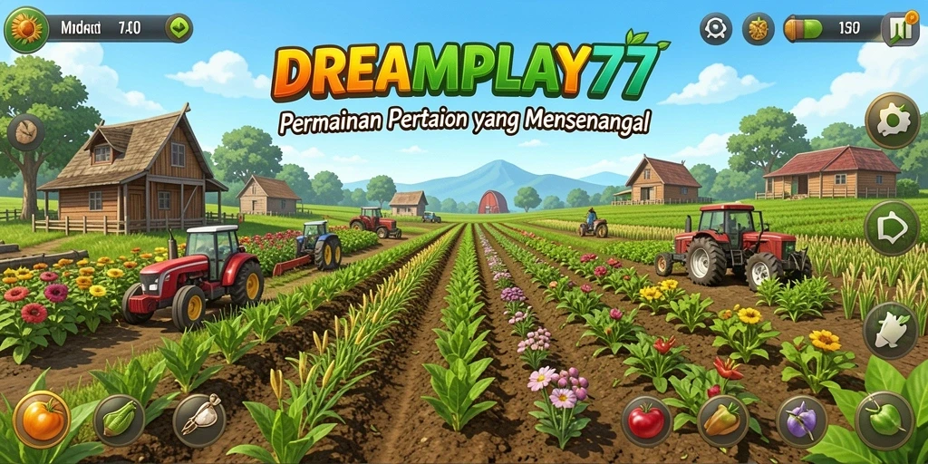 Screenshot dari gameplay <strong>DREAMPLAY77</strong> yang menampilkan aktivitas bertani yang seru.