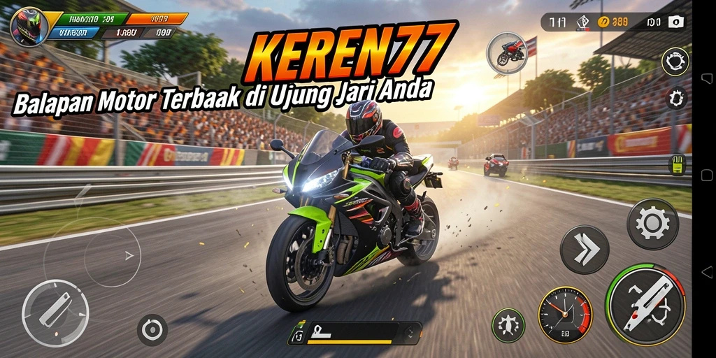 Tangkapan layar dari gameplay KEREN77 yang menampilkan balapan motor yang seru.