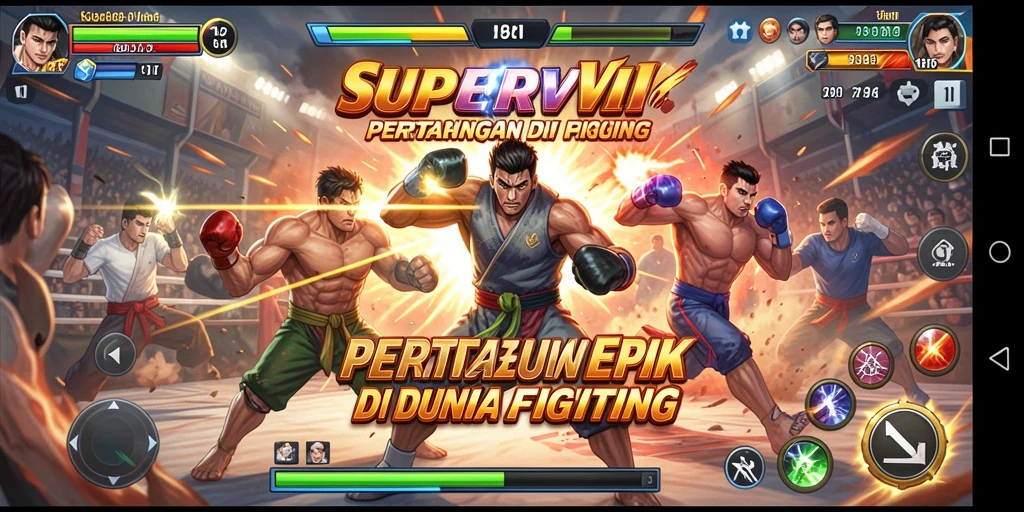 Screenshot gameplay SUPERVIP menampilkan karakter bertarung di arena yang mendebarkan.
