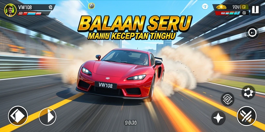 Tangkapan layar gameplay VW108 menampilkan akselerasi tinggi dan balapan intens.
